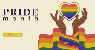 Hands holding together rainbow LGBTQ heart, pride month banner. Multiracial love. lgbtq support poste vector