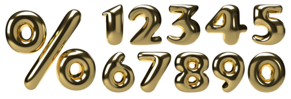 Set of three-dimensional gold numbers and sign percent. Golden balloon design font for Birthday decoration, poster, card. Isolated illustration on transparent background. png