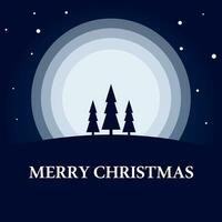 Merry christmas poster with the moon in the middle and 3 trees on a blue background and stars vector