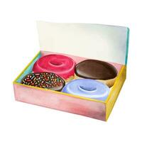 vidriado rosquillas con diferente sabores en el caja para panadería y café acuarela vector ilustración