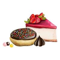 Strawberry cheesecake dessert with chocolate donut and candies watercolor vector illustration. Delicious food