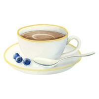 White coffee cup with cappuccino, spoon and blueberries watercolor vector illustration for menus, invitations and logos