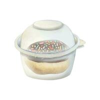 Chocolate glazed donut in plastic box for takeaway and take out watercolor vector illustration. Transparent container