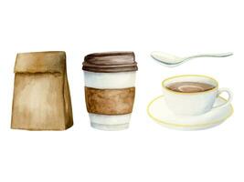 tomar fuera café taza, caliente cacao jarra con cuchara y papel arte bolso acuarela vector ilustración conjunto para desayuno