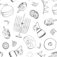 Vector Hanukkah seamless pattern with Jewish holiday traditional symbols, Hebrew letters and bakery. Sufganiyot, dreidel, menorah in black and white