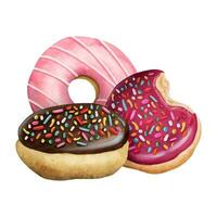 Watercolor glazed donuts with sprinkles hand drawn vector illustration. Delicious round doughnuts in pink and chocolate brown colors for bakeries and pastry designs.