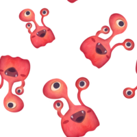 vattenfärg bebis röd karaktär liknande till utomjording, monster, mikrob bakgrund. tecknad serie leende patogen bakterie med tre ögon. skrämmande rolig virus, söt mikroorganismer, bakterier sömlös mönster png