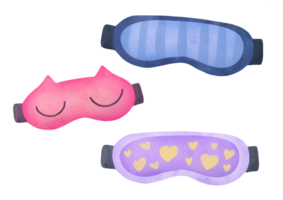 cute Sleep masks. Classic blue, striped, pink cat shaped, purple with heart loungewear. watercolor set on transparent background, cutout clip art personal accessory for comfort bedtime deep relaxation png