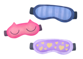 fofa dormir máscaras. clássico azul, listrado, Rosa gato em forma, roxa com coração roupa de lazer. aguarela conjunto em transparente fundo, Cortar fora grampo arte pessoal acessório para conforto hora de dormir profundo relaxamento png