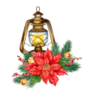 Watercolor illustration of a retro lantern with fir branches, red berries on the branches, poinsettia and boubouenza. Isolated. Composition for souvenirs, cards, posters, banners png