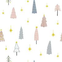 Minimalistic Christmas tree seamless pattern. Hand drawn cute trees and stars on white background vector