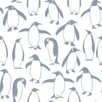 Seamless pattern with image of a many penguins on white background. Hand drawn monochrome winter design vector