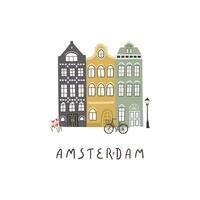 Illustration of Amsterdam houses and lettering. Traditional old buildings. Travel poster, postcards, greeting cards template. Hand drawn scandinavian style design vector