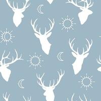 Seamless winter pattern with silhouette of deer head and celestial moon and sun vector