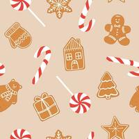 Seamless Christmas pattern with gingerbread cookies, lollipops and candy cane. Traditional holiday sweets vector