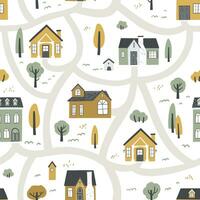 Cute hand drawn pattern with color houses, road and tree. Scandinavian style vector illustration