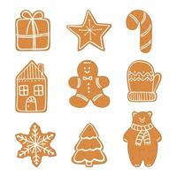 Set of cute hand drawn gingerbread cookies, including gingerbread man, star, new year tree, bear, snowflake, glove, house, gift, candy. Traditional Christmas sweets vector