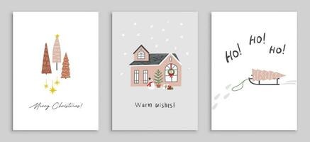 Christmas card set - hand drawn cute flyers. Postcards with Christmas tree and cozy house vector