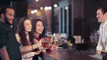 Cheerful company of girls and a guy at the bar lifts up a glass of beer video