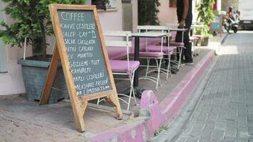 Turkey istanbul 19 june 2023. Cafe menu on black board outdoor video