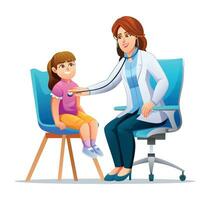 Woman doctor examining a little girl by stethoscope. Vector cartoon character illustration