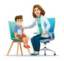Woman doctor examining a little boy by stethoscope. Vector cartoon character illustration