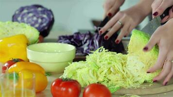 Smiling girlfriends sliced vegetables for salads video