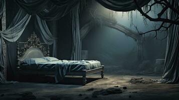 Surreal Horror Bedroom with Lamp and Drape in Dark Cyan. AI Generated photo