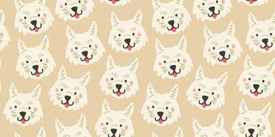 Vector seamless pattern with cute white dog faces. Dog pattern on beige background.