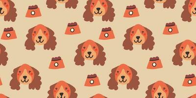 Vector seamless pattern with cute dog faces and dog bowl with kibbles. Dog pattern on beige background.