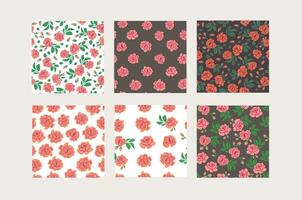 Vintage pattern collection with red roses and leaves on brown and white background. Retro flowers pattern set vector