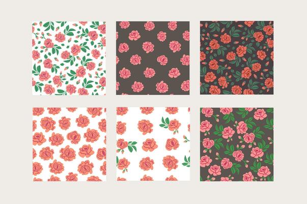 Vintage pattern collection with red roses and leaves on brown and white background. Retro flowers pattern set
