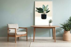 modern, minimalist, scandinavian style living room with blue and green accents and wooden furniture AI Generated photo