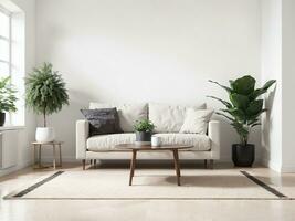 modern living room with white sofa, wooden coffee table, and green plants in neutral colors AI Generated photo