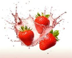 AI generated Falling Fresh strawberry and splash of water high detail on white background photo