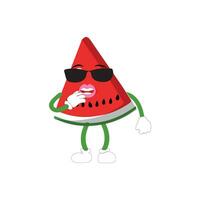 Funny watermelon slices characters with cartoon smile faces. Cute fruit in sunglasses surf. Summer time party. Comic watermelons vector set