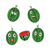 Watermelon Character with Various Face Expressions. Vector illustration set of funny and cute cartoon fruits isolated on white background. Mascot collection.