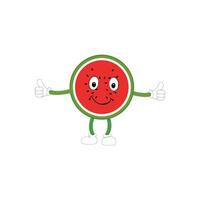 Funny watermelon slices characters with cartoon smile faces. Cute fruit in sunglasses surf. Summer time party. Comic watermelons vector set