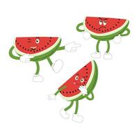 Funny watermelon slices characters with cartoon smile faces. Cute fruit in sunglasses surf. Summer time party. Comic watermelons vector set