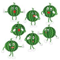 Watermelon Character with Various Face Expressions. Vector illustration set of funny and cute cartoon fruits isolated on white background. Mascot collection.