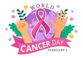 World Cancer Day Vector Illustration on February 4 with Ribbon to Raise Awareness of Cancer and Female Healthcare in Flat Cartoon Background