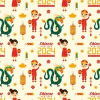 contento chino nuevo año 2024 sin costura modelo diseño. Traducción año de el continuar. con linterna, dragones y China elementos en plano ilustración vector