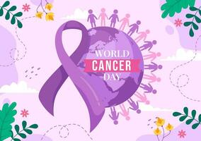 mundo cáncer día vector ilustración en febrero 4 4 con cinta a aumento conciencia de cáncer y hembra cuidado de la salud en plano dibujos animados antecedentes