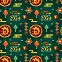 contento chino nuevo año 2024 sin costura modelo diseño. Traducción año de el continuar. con linterna, dragones y China elementos en plano ilustración vector