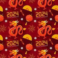 contento chino nuevo año 2024 sin costura modelo diseño. Traducción año de el continuar. con linterna, dragones y China elementos en plano ilustración vector