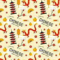 Happy Chinese New Year 2024 Seamless Pattern Design. Translation Year of the Dragon. with Lantern, Dragons and China Elements in Flat Illustration vector