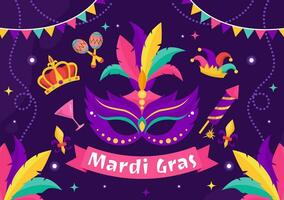 mardi gras carnaval vector ilustración. Traducción es francés para grasa martes. festival con mascaras, maracas, guitarra y plumas en púrpura antecedentes