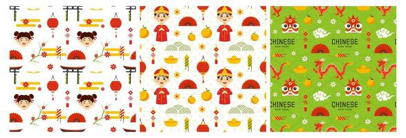 Happy Chinese New Year 2024 Seamless Pattern Design. Translation Year of the Dragon. with Lantern, Dragons and China Elements in Flat Illustration vector