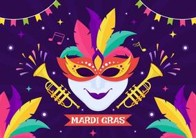 mardi gras carnaval vector ilustración. Traducción es francés para grasa martes. festival con mascaras, maracas, guitarra y plumas en púrpura antecedentes