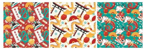 Happy Chinese New Year 2024 Seamless Pattern Design. Translation Year of the Dragon. with Lantern, Dragons and China Elements in Flat Illustration vector